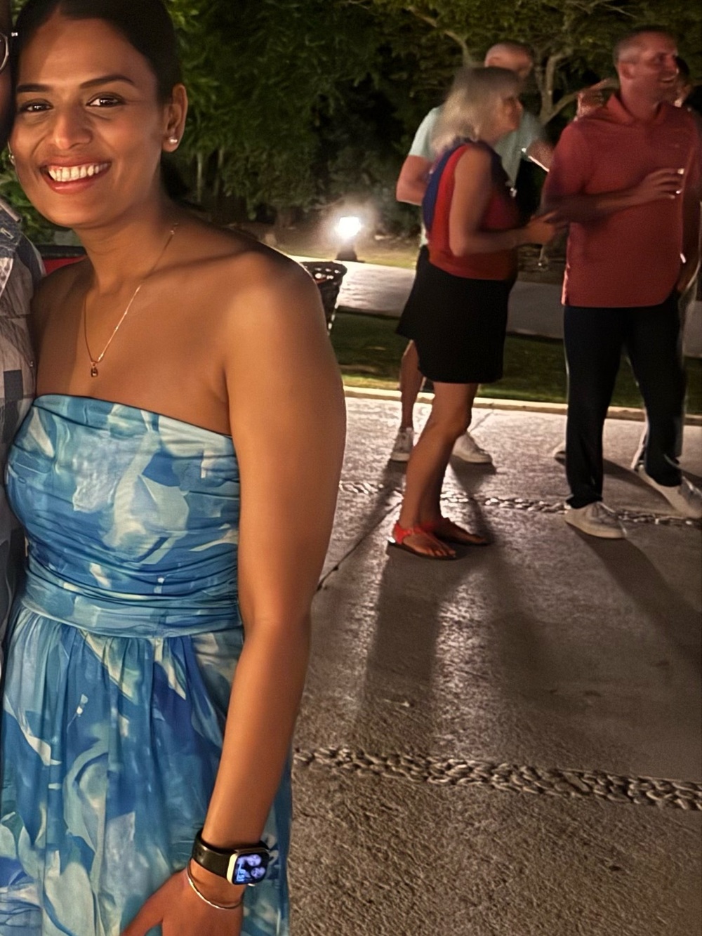 Blue Strapless Floral Print Dress